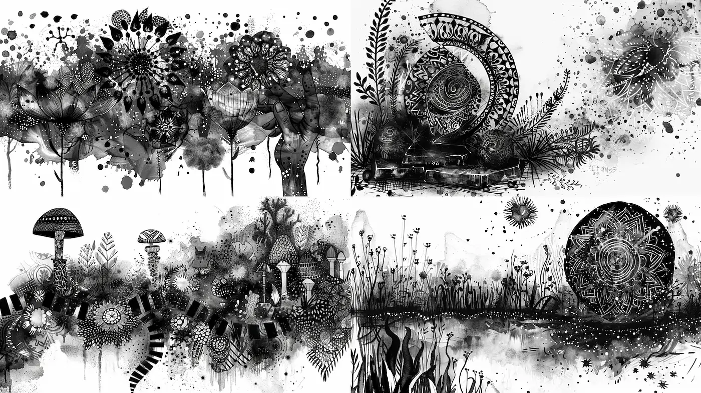 Whimsical Black and White Nature Illustrations with Organic Forms and Intricate Details - Midjourney sref style
