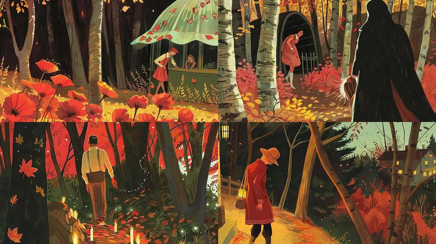 Autumnal Whimsy with a Touch of Mystery in Illustrated Forms - Midjourney sref style