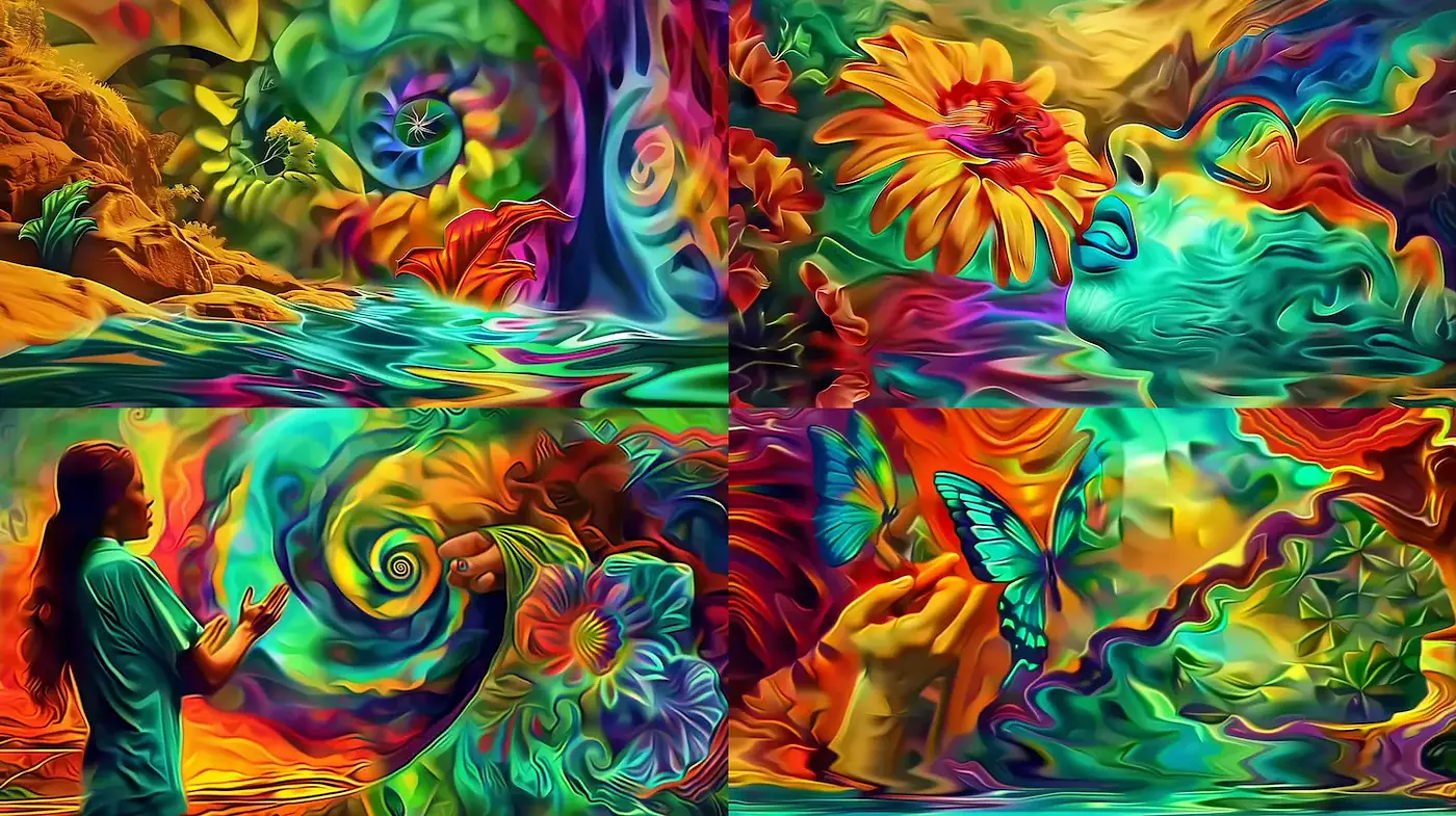 Vibrant and Psychedelic Dreamscapes with Nature Elements - Midjourney sref style