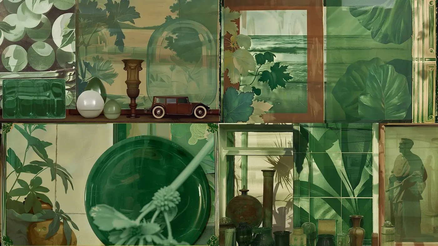 Verdant Botanical Mosaic: A Fusion of Nature and Vintage Glass - Midjourney sref style
