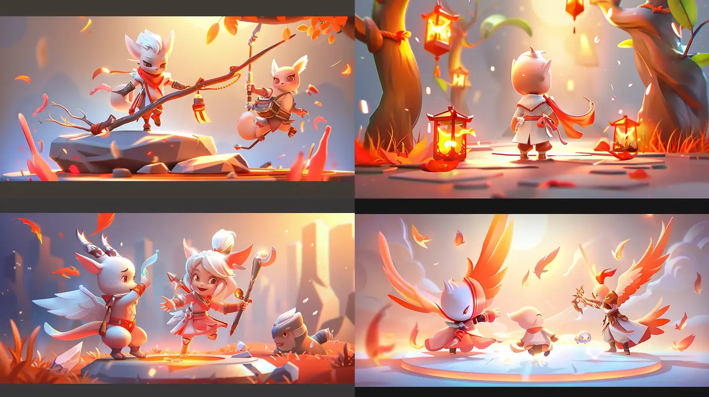 Enchanted Twilight: A Harmonious Blend of Warm Hues and Whimsical Characters - Midjourney sref style