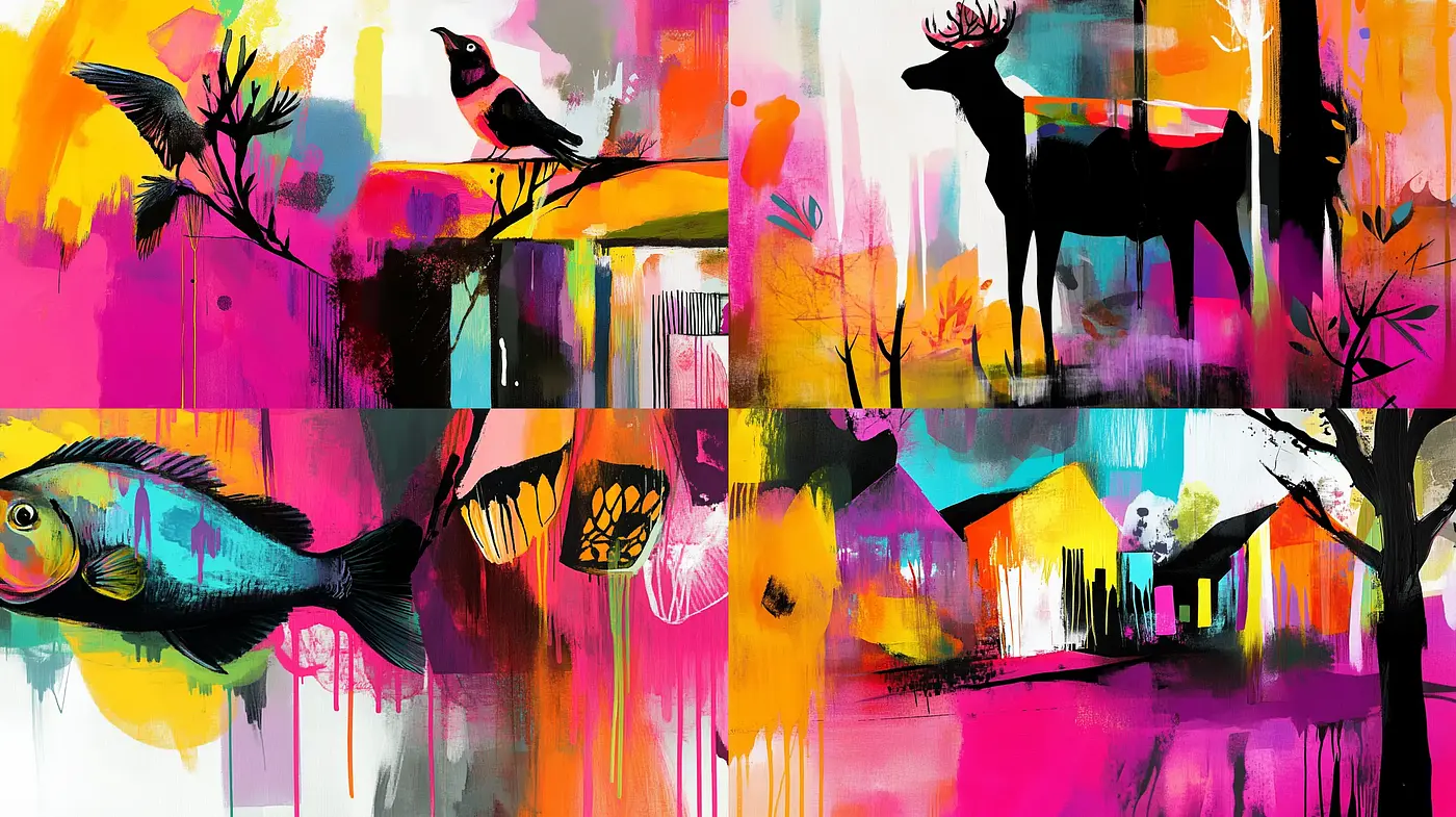 Vivid Fusion of Abstract Expressionism and Graffiti Art - Midjourney sref style
