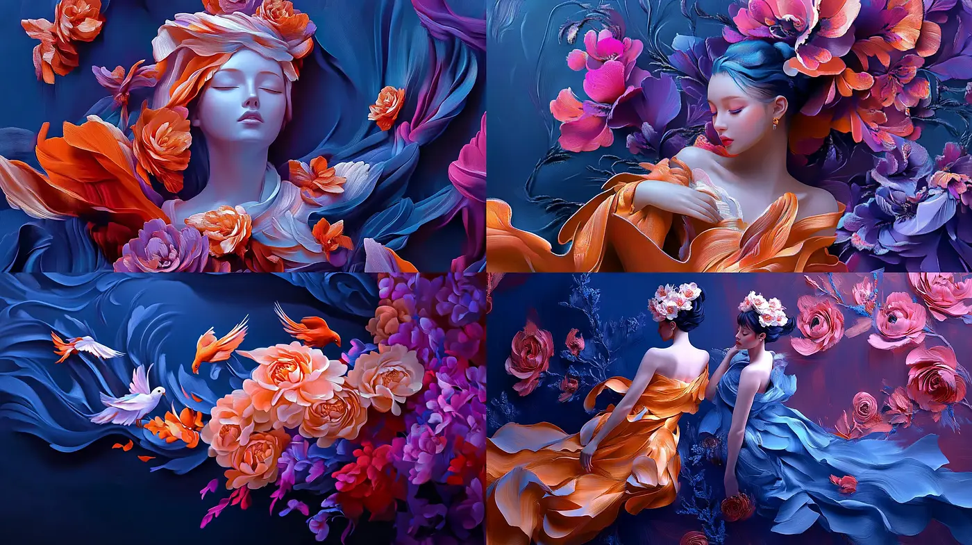 Floral Fantasia in Blue and Orange – A Surrealist Dream - Midjourney sref style