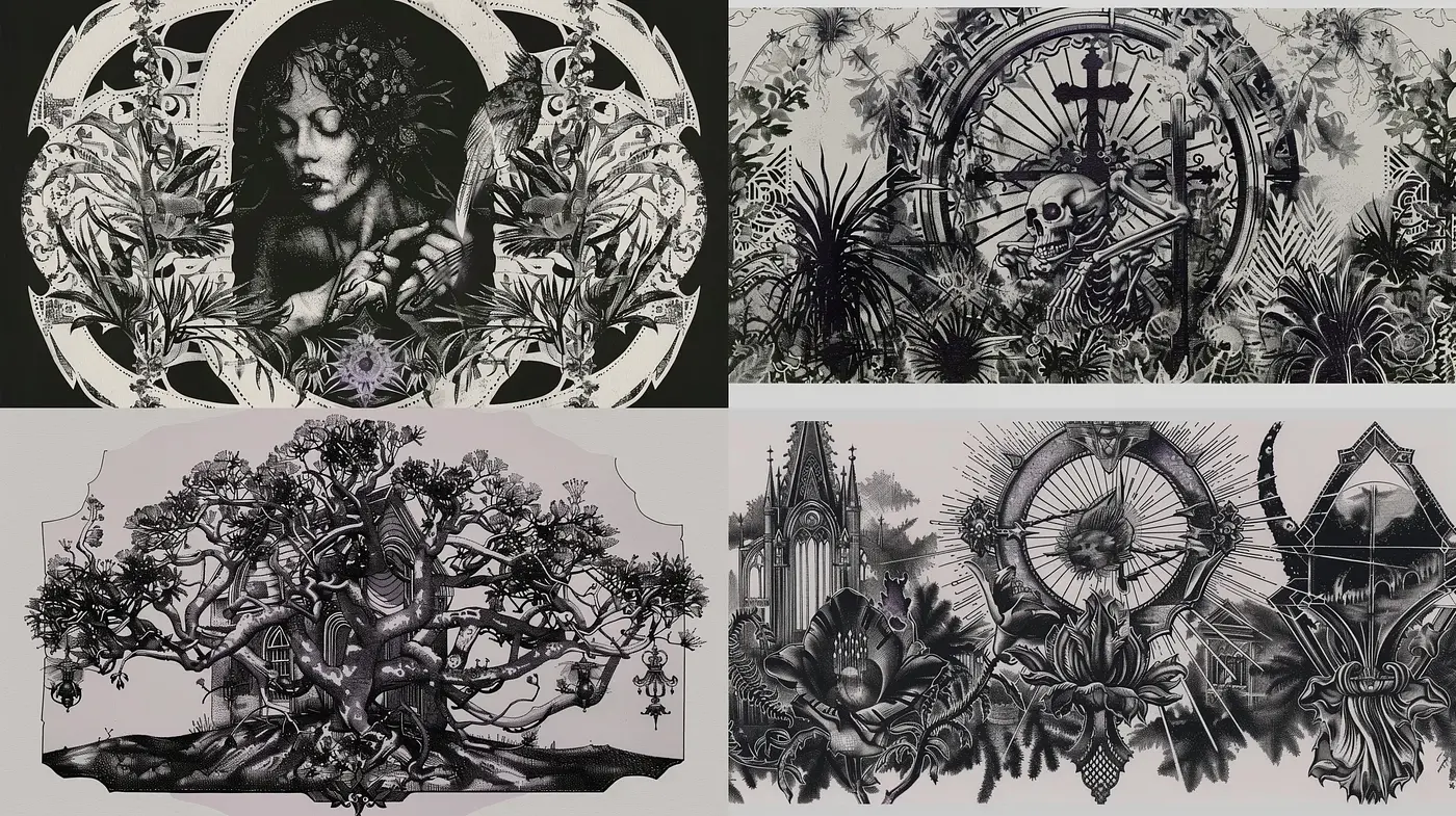 Monochromatic Botanical Dreamscapes with Surrealist Influences - Midjourney sref style