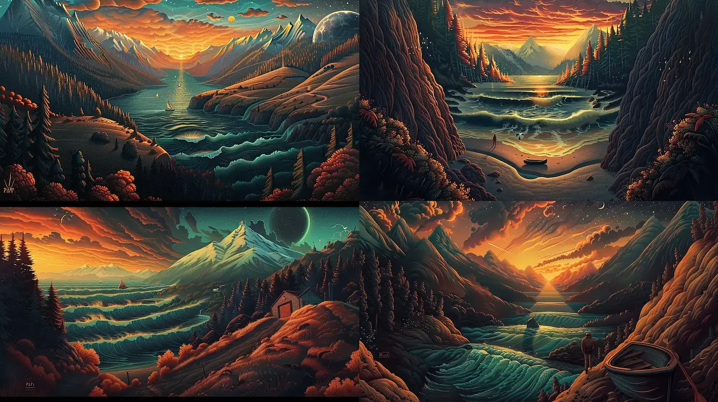 Ethereal Landscapes with Vibrant Sunset Hues and Expressionistic Touches - Midjourney sref style