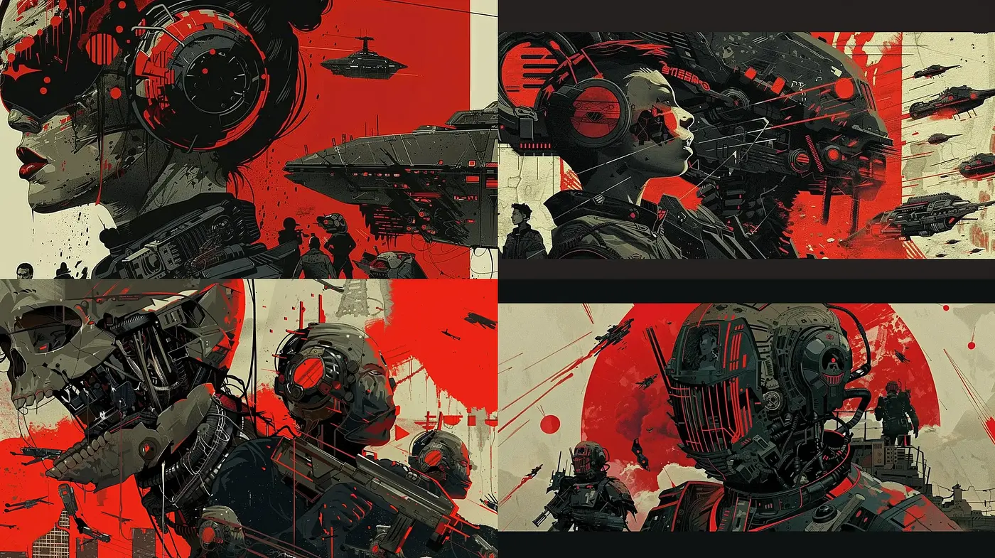 Futuristic Dystopian Echoes in Stylized Red and Grey - Midjourney sref style