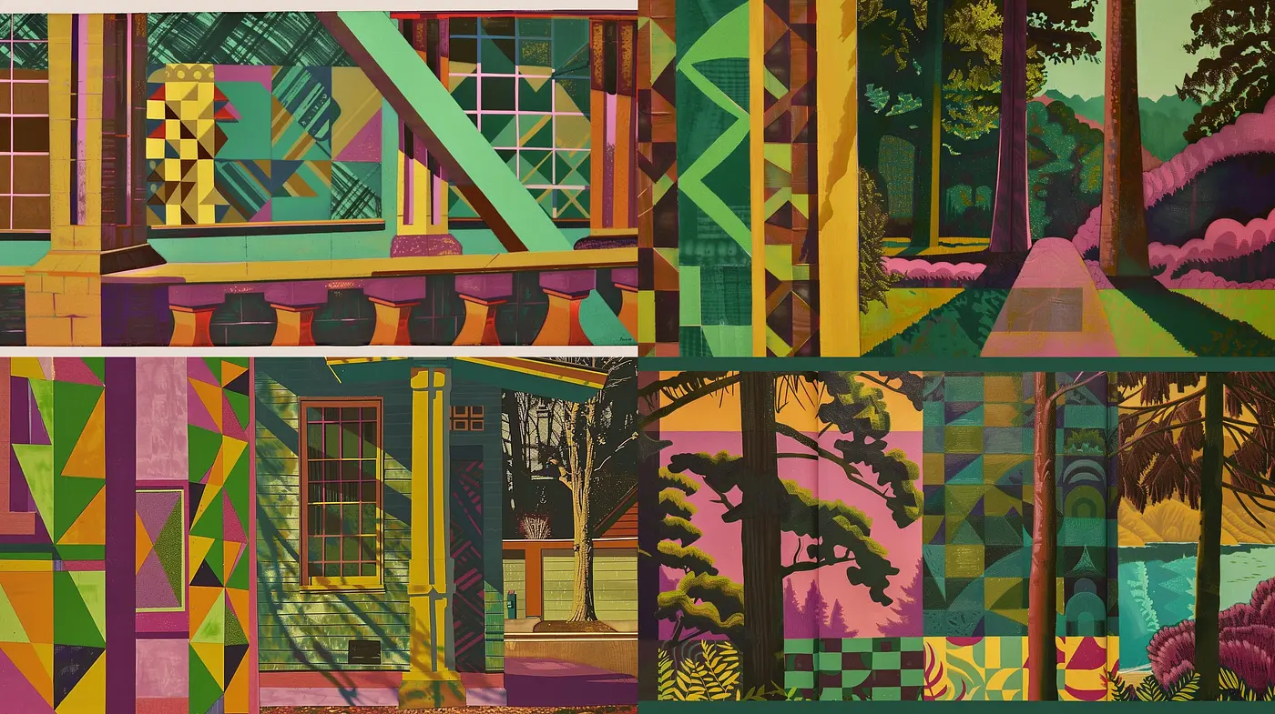 Geometric Harmony in Nature and Architecture: A Vibrant Mosaic of Stylized Forms - Midjourney sref style