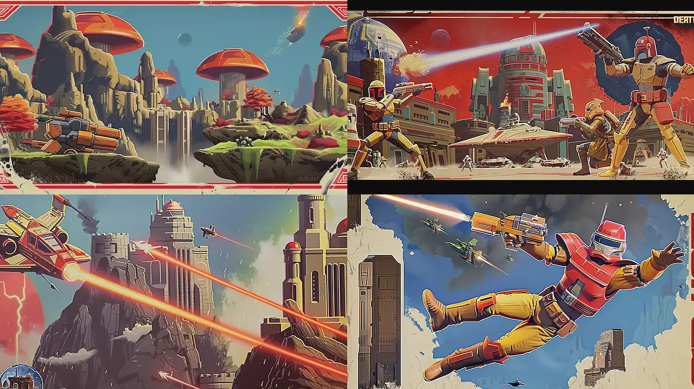 Retro-futuristic cinematic art with vibrant action sequences - Midjourney sref style