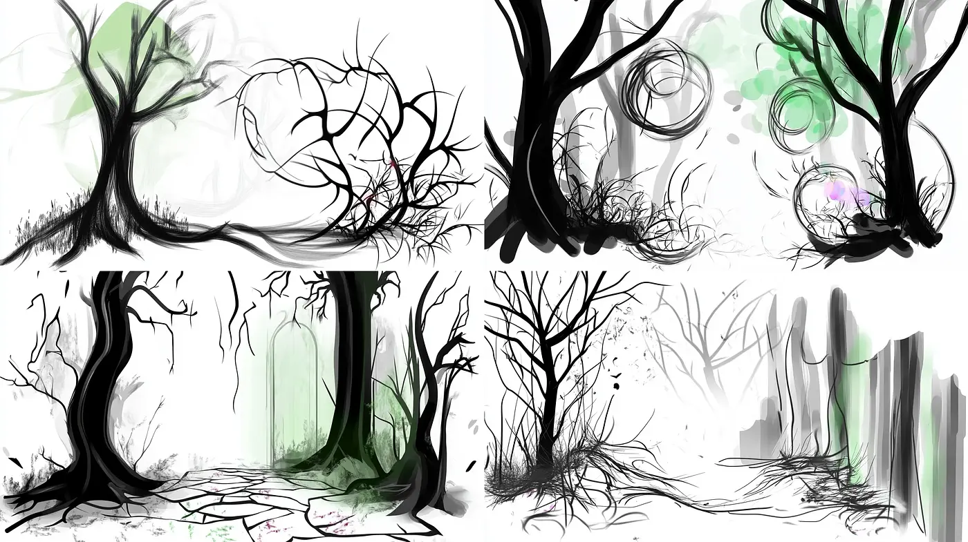 Ethereal Monochrome Forest Sketches - Midjourney sref style