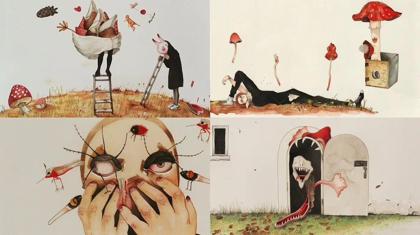 Whimsical Surrealism with a Macabre Twist: An Exploration of Fantastical Juxtapositions in Art - Midjourney sref style