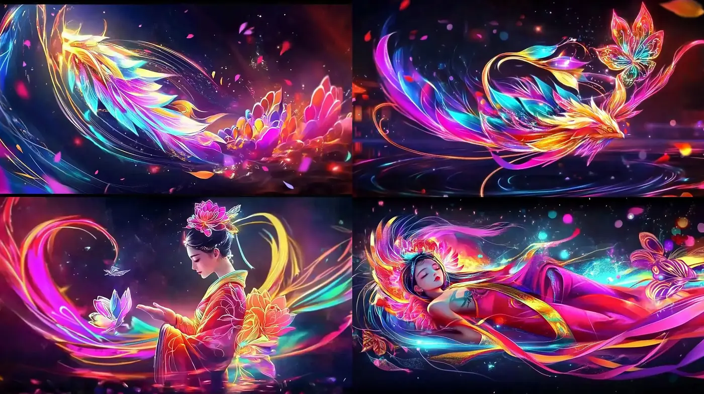 Luminous Dreamscape: A Collision of Vivid Fluorescence and Ethereal Fantasy - Midjourney sref style