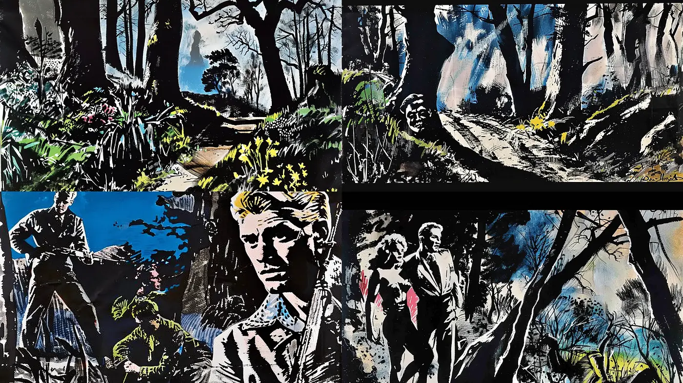 Shadowed Noir Forest Pathways and Dramatic Character Scenes - Midjourney sref style