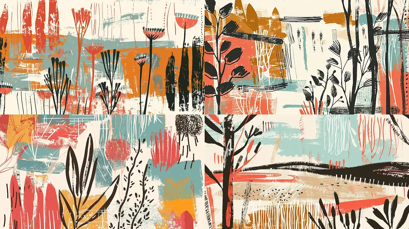 Textured, abstract landscapes with a whimsical artistic touch - Midjourney sref style