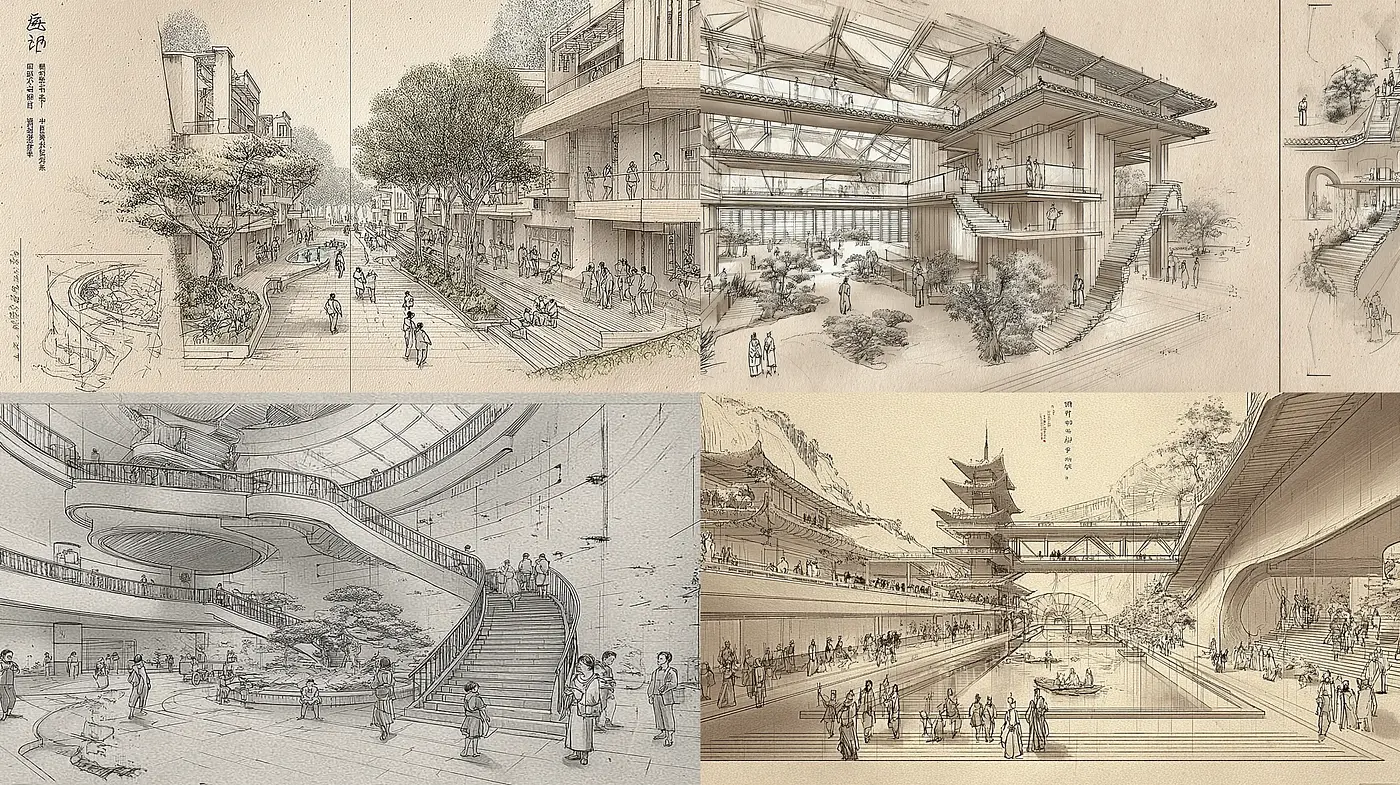 Harmonious Fusion of Traditional and Modern Architectural Concepts - Midjourney sref style