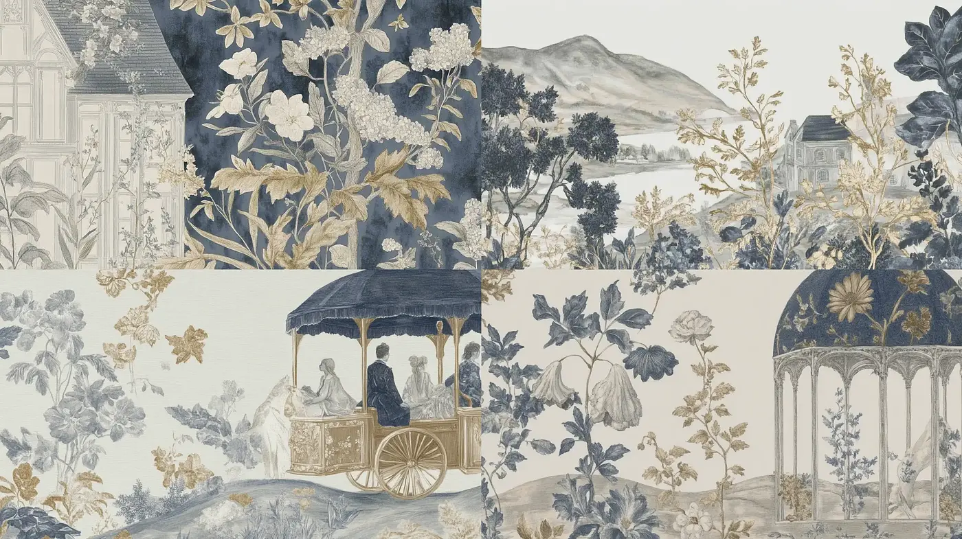 Pastoral Elegance with Botanical Motifs in a Chiaroscuro Tapestry - Midjourney sref style