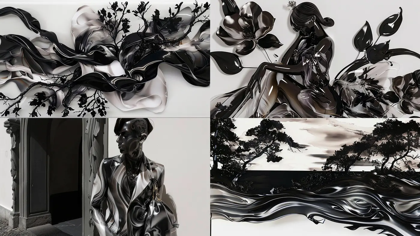 Monochromatic Fluidity: An Exploration of Swirling Forms and Elegance in Grayscale - Midjourney sref style