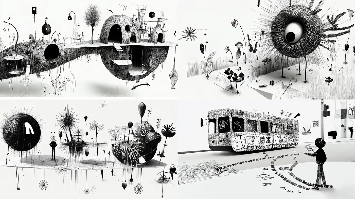 Surreal Monochromatic Panorama: A Dreamlike Black and White Vignette - Midjourney sref style