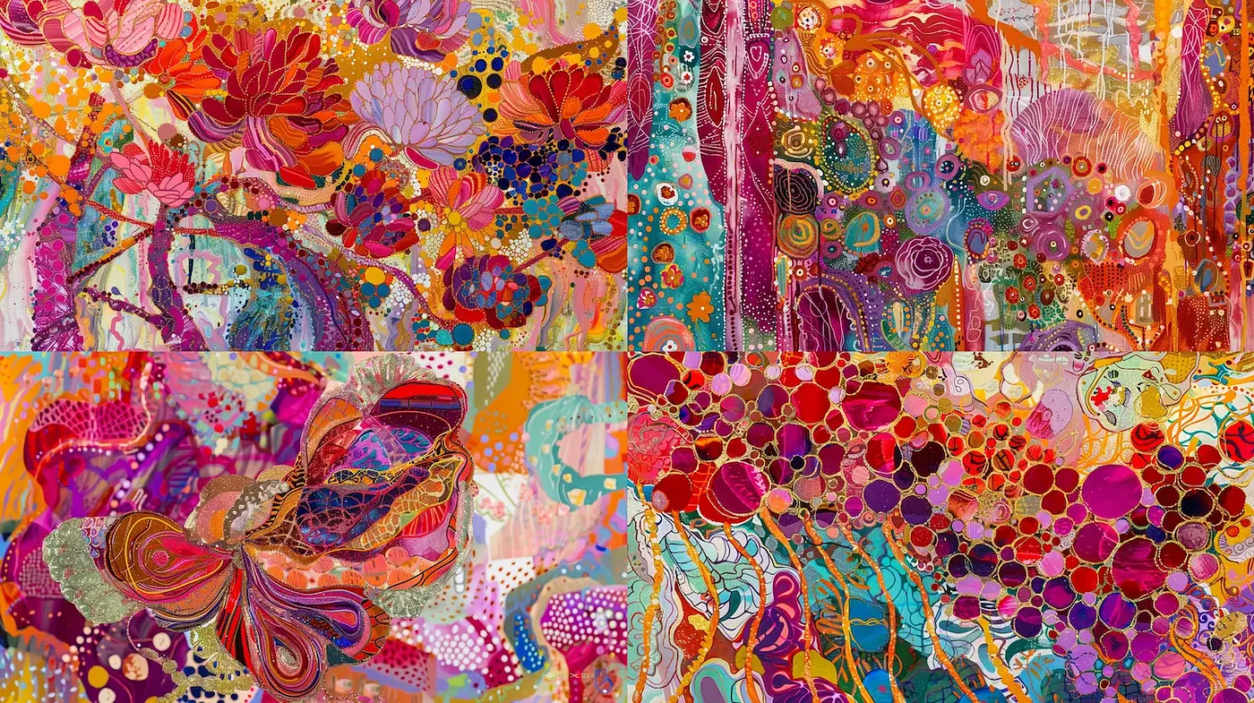 Vibrant and intricate abstract floral compositions with a playful essence - Midjourney sref style