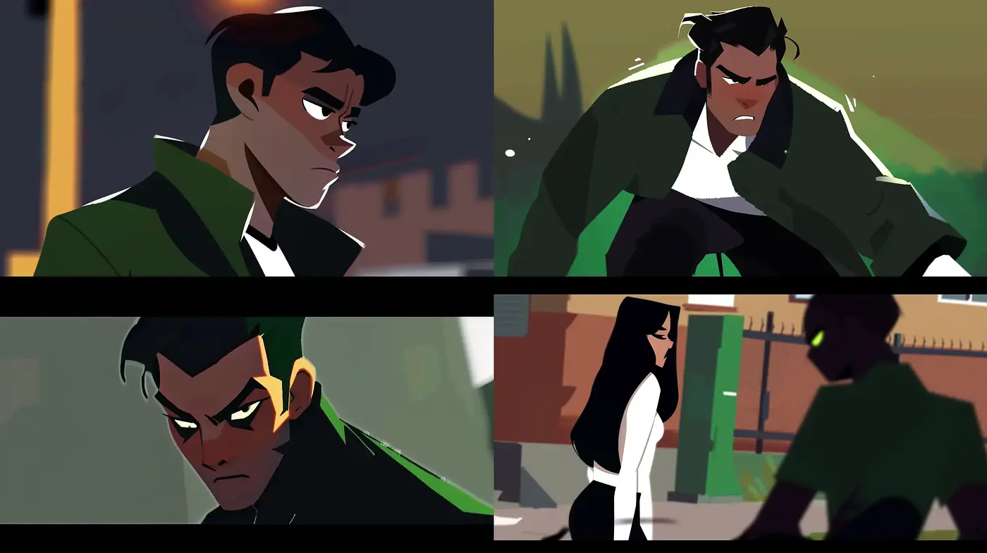 Stylized Modern Graphic Novel Aesthetic with Striking Shadows and Bold Colors - Midjourney sref style