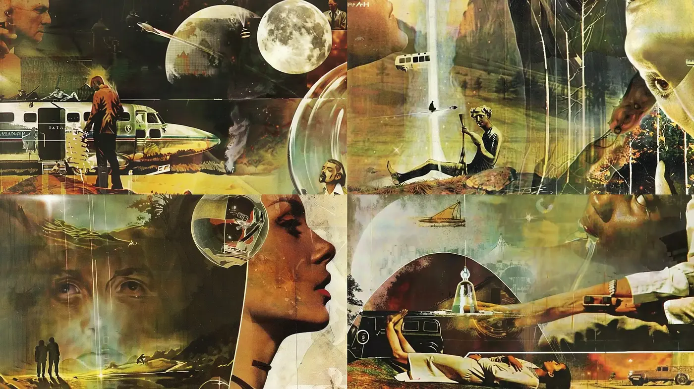 Retro-Futuristic Dreamscape in Mixed Media - Midjourney sref style