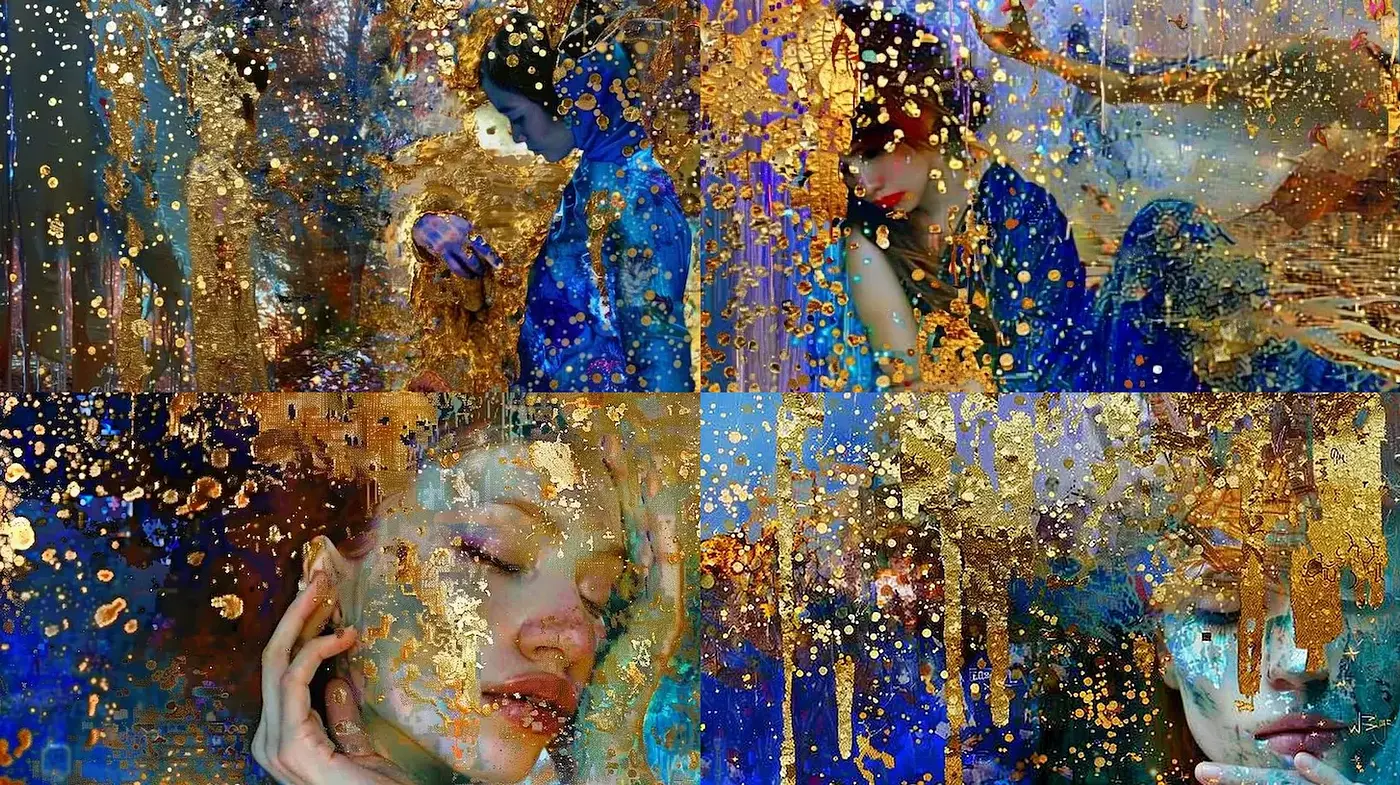 Cascading Elegance with Ethereal Gold Accents and Deep Blue Shadows - Midjourney sref style