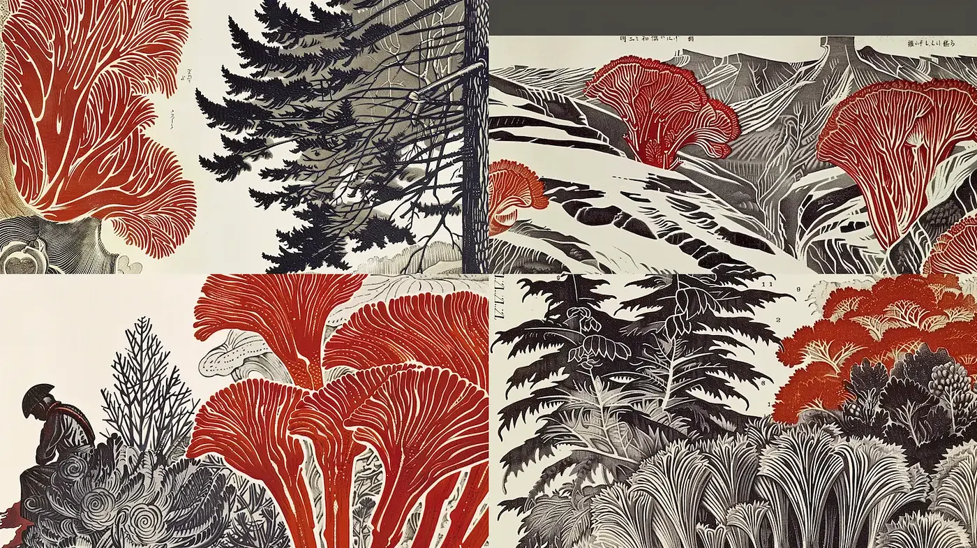 Intricate Natural Landscapes with Bold Organic Forms - Midjourney sref style