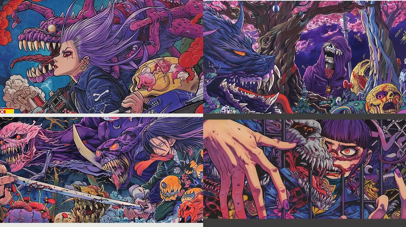 Psychedelic Horror Manga Fusion with Energetic Hues - Midjourney sref style