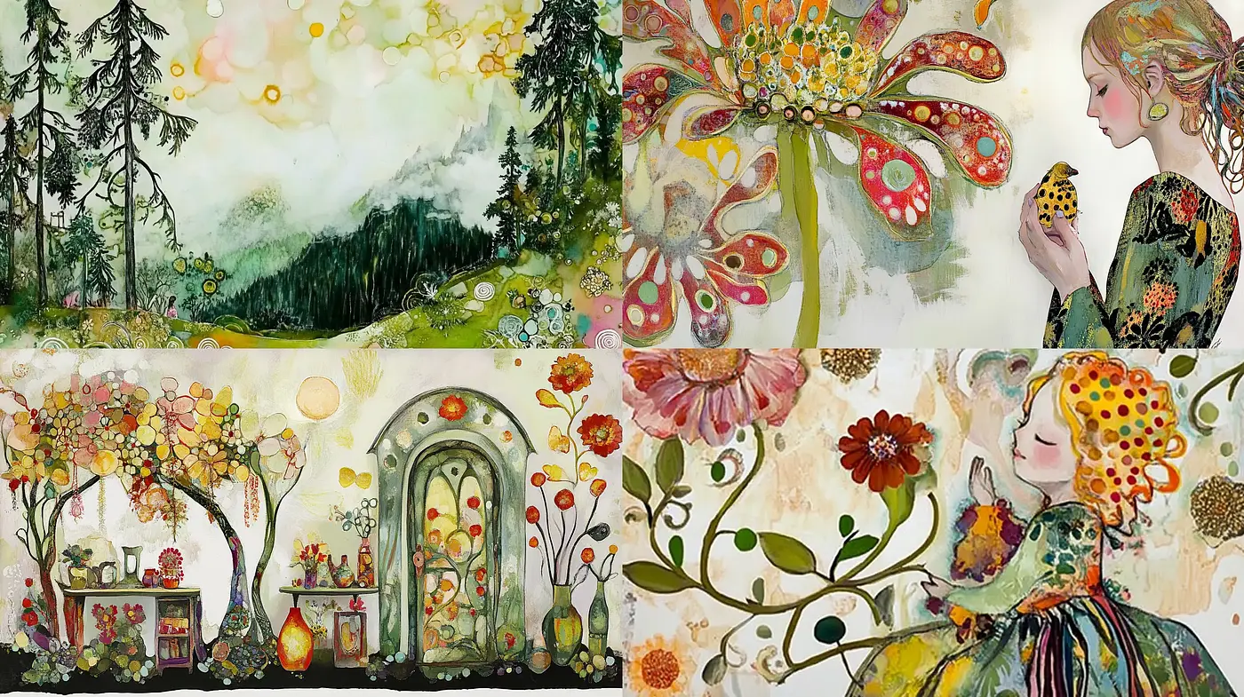 Whimsical Nature and Floral Fusion with a Storybook Essence - Midjourney sref style