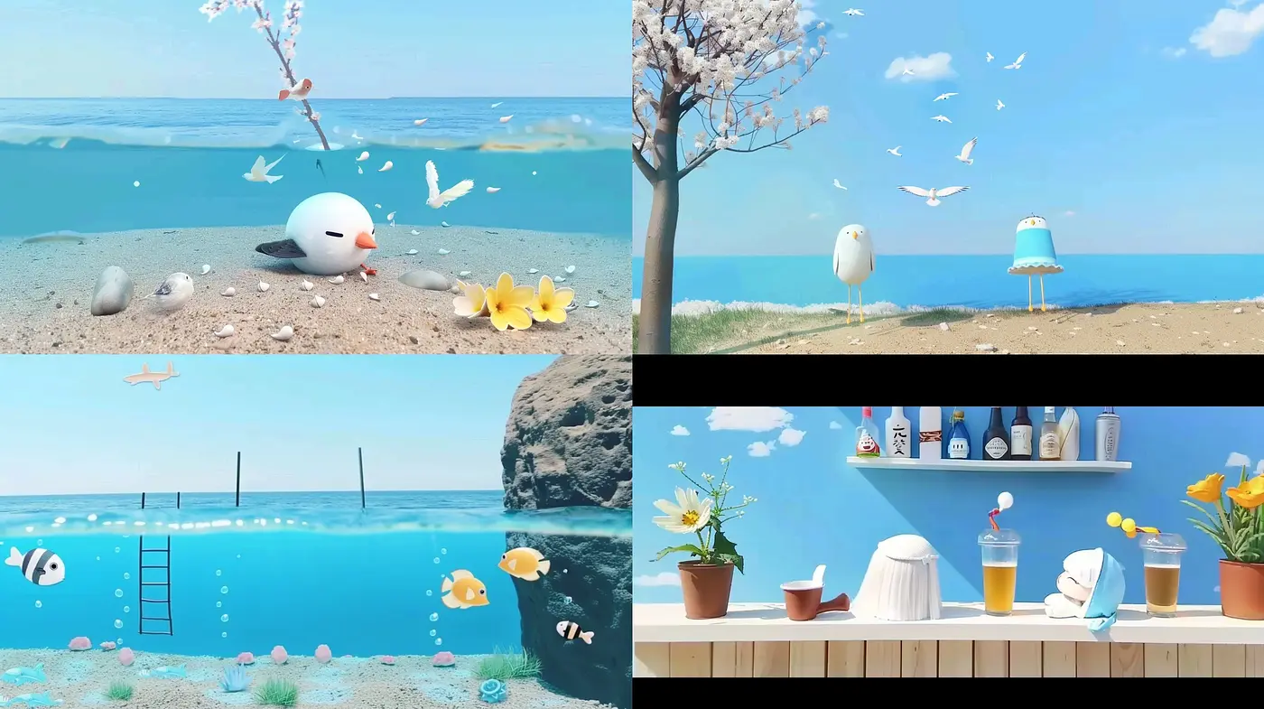 Serene Seaside Whimsy with Pastel Playfulness and Stylized Minimalism - Midjourney sref style