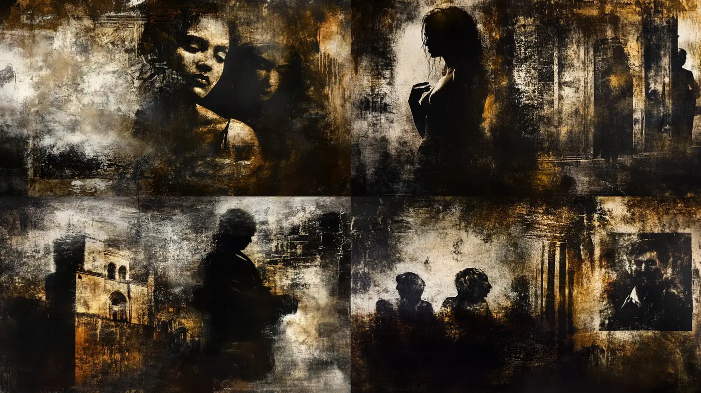 Ethereal Shadows of Time: A Mysterious Dance of Monochrome and Gold - Midjourney sref style