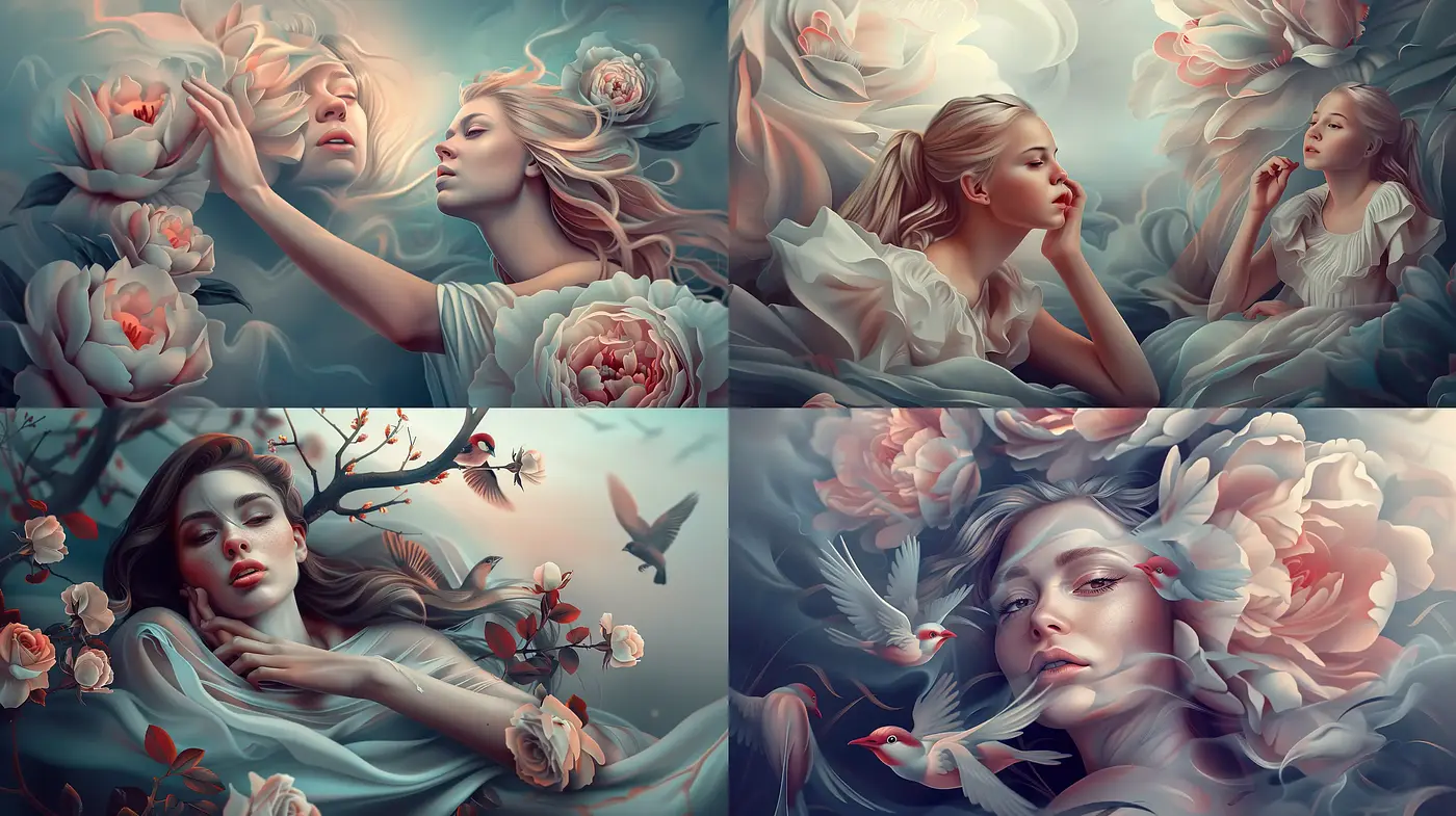 Ethereal Dreamscape with Soft Floral Overtones - Midjourney sref style