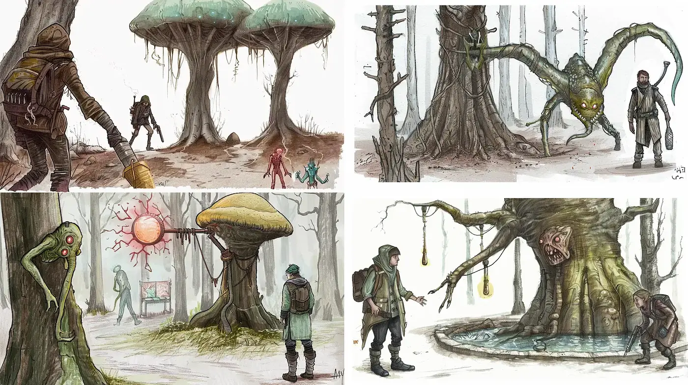 Surreal and Engaging Fantasy Landscapes with a Touch of Dark Whimsy - Midjourney sref style