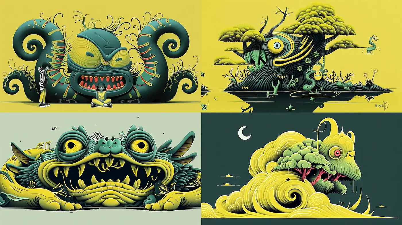 Surrealist-inspired fantastical landscapes with a whimsical touch - Midjourney sref style