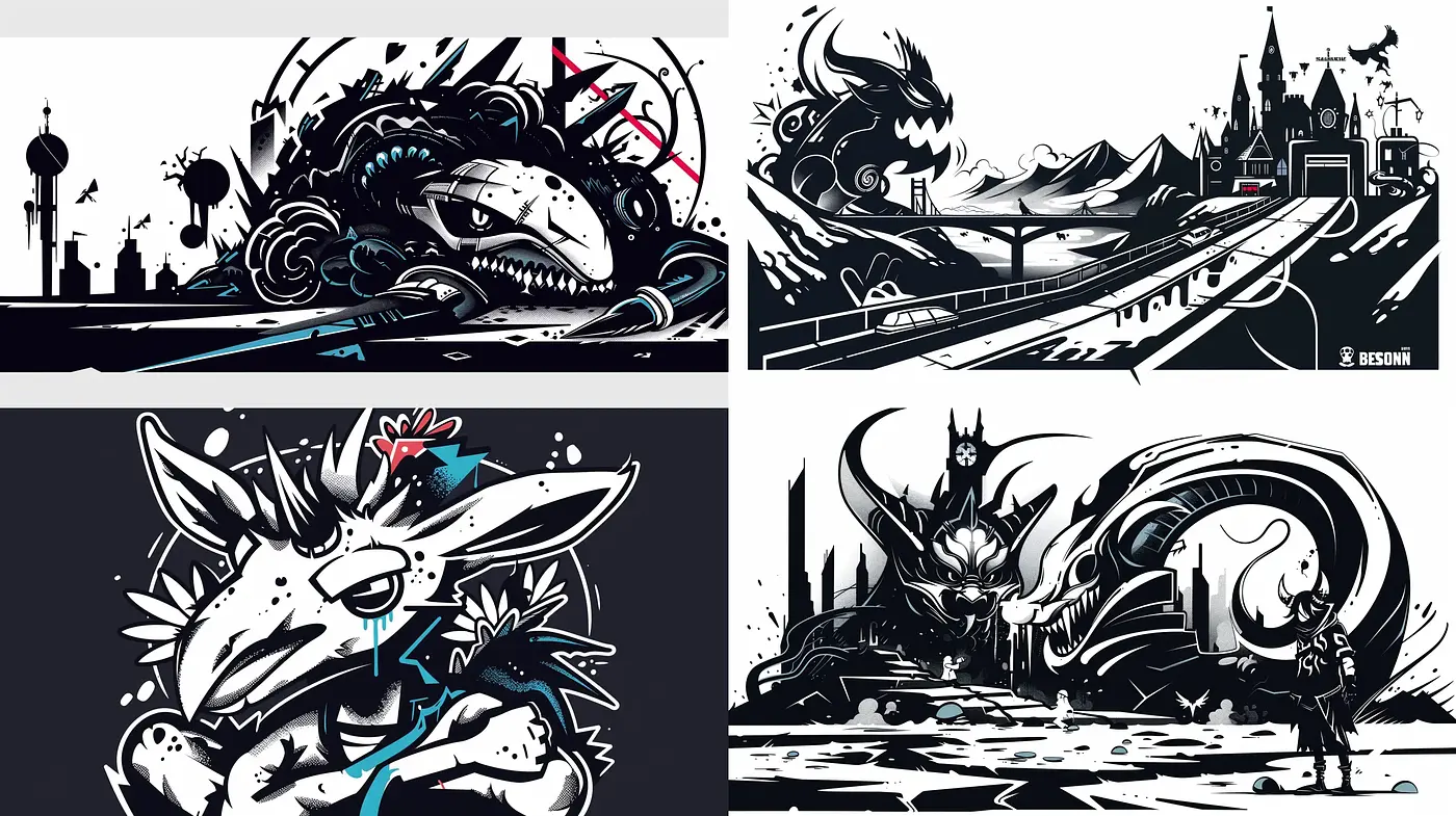Monochromatic Myths and Legends in Fluid Ink - Midjourney sref style