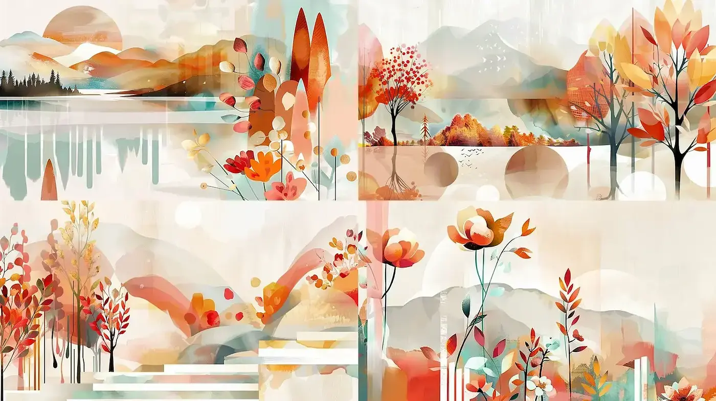 Abstract landscape art with vibrant autumn themes and gentle textures - Midjourney sref style