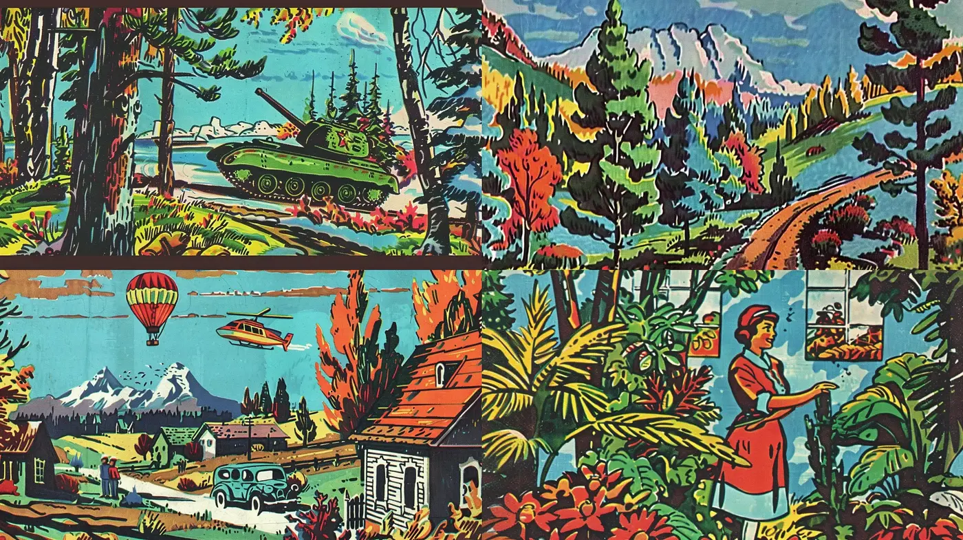 Vibrant Nostalgic Chronicles in Technicolor Serigraph - Midjourney sref style