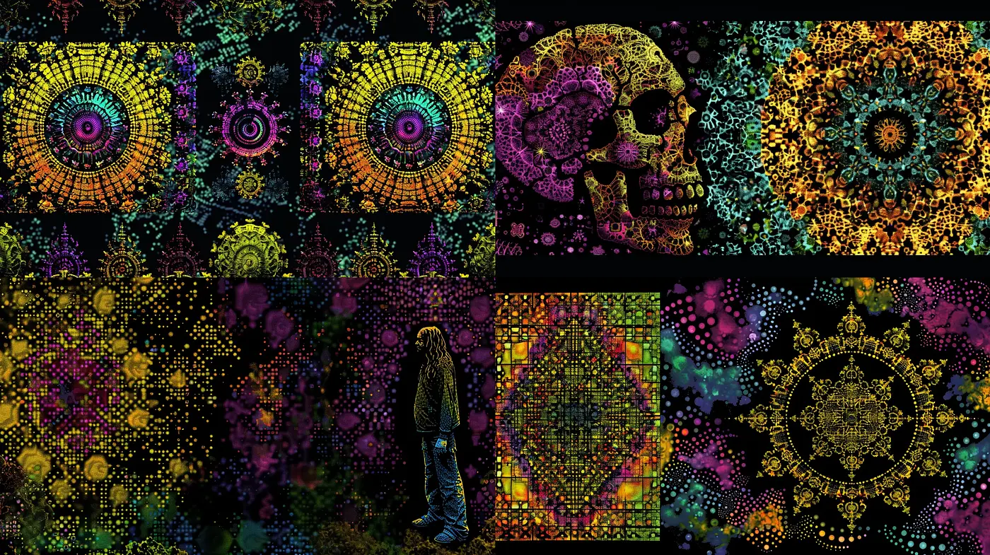 Kaleidoscopic Dreamscape with Neon Psychedelia - Midjourney sref style