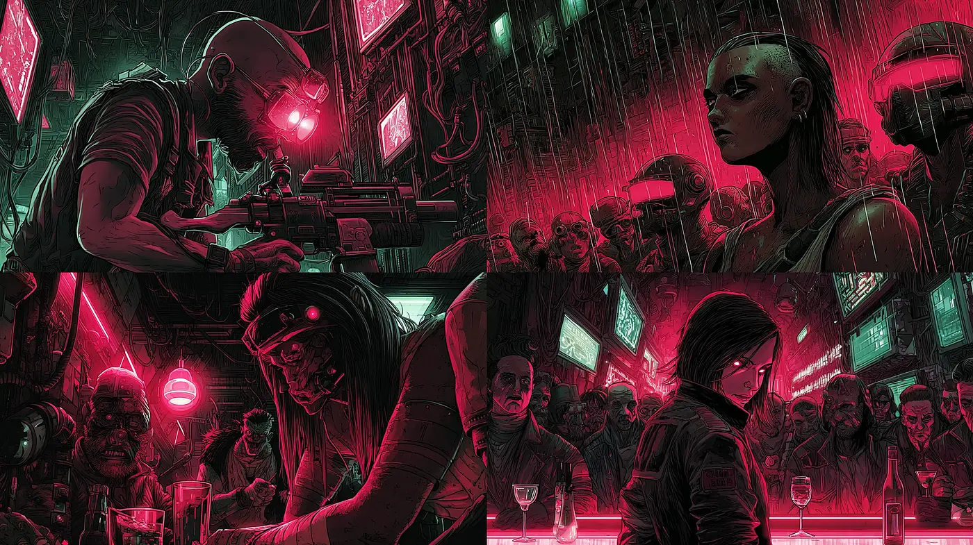 Futuristic Cyberpunk Noir with Neon Elements and Dark Atmosphere - Midjourney sref style