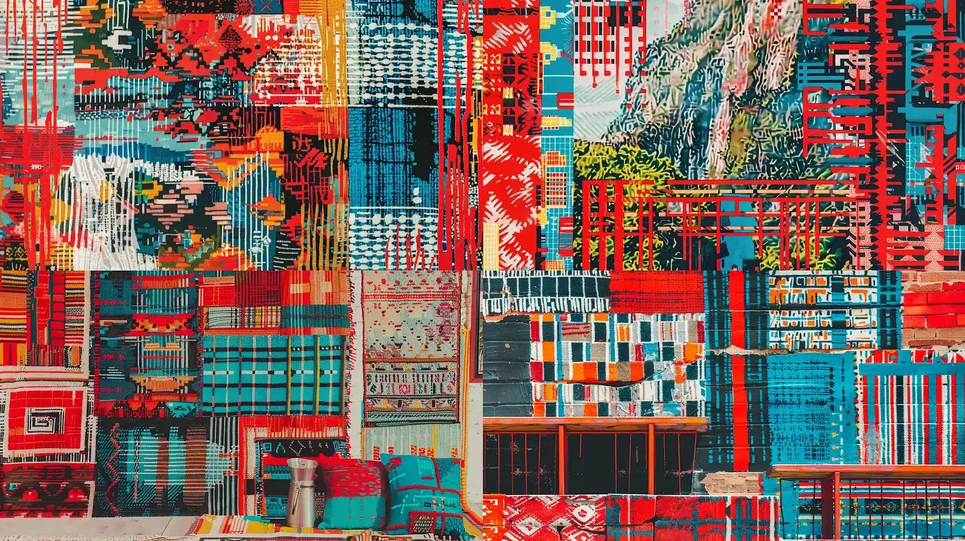 Vibrant Artisan Textile Collage with Geometric Patterns and Bold Colors - Midjourney sref style