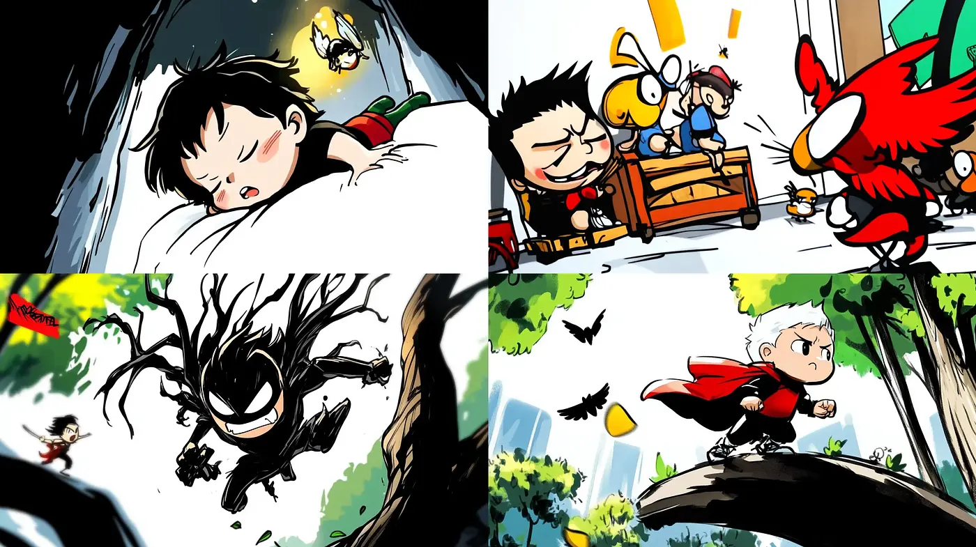 Dynamic Comic Book Escapades with a Hint of Nostalgia and Adventure - Midjourney sref style