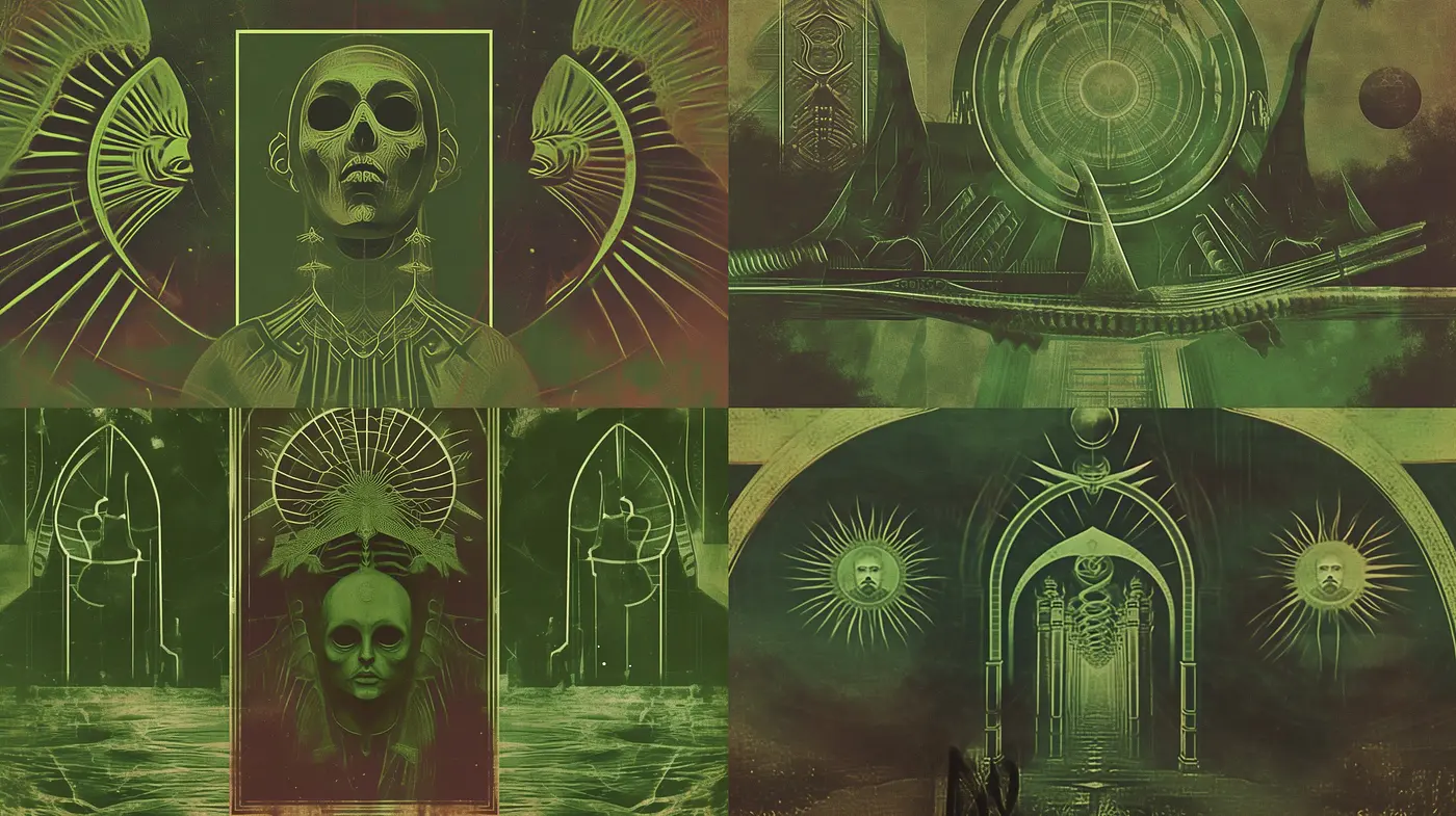 Ethereal Monochromatic Green Dreamscape with Symbolic Art Nouveau Overtones - Midjourney sref style