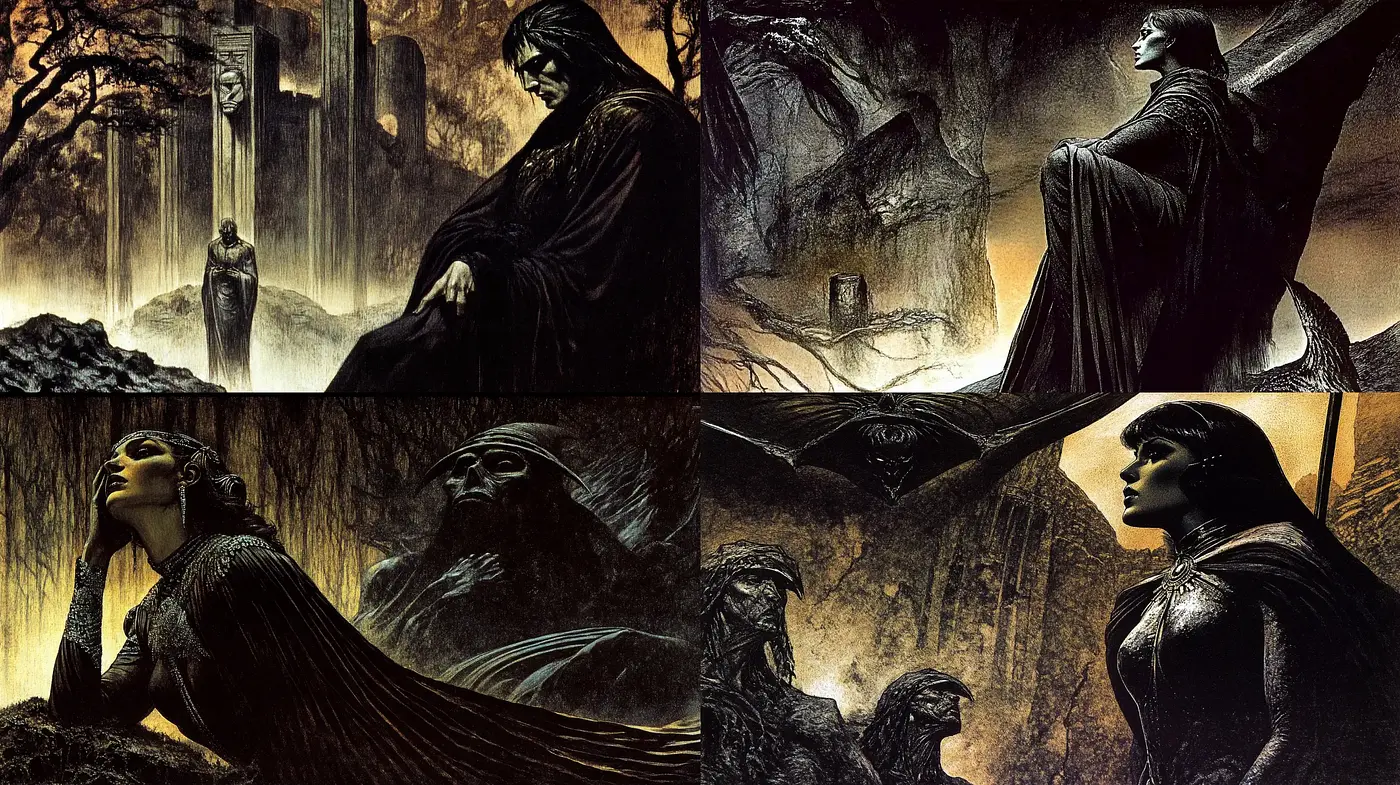 Ephemeral Shadows and Sepia Whispers: A Study in Dark Romanticism and Baroque Drama - Midjourney sref style