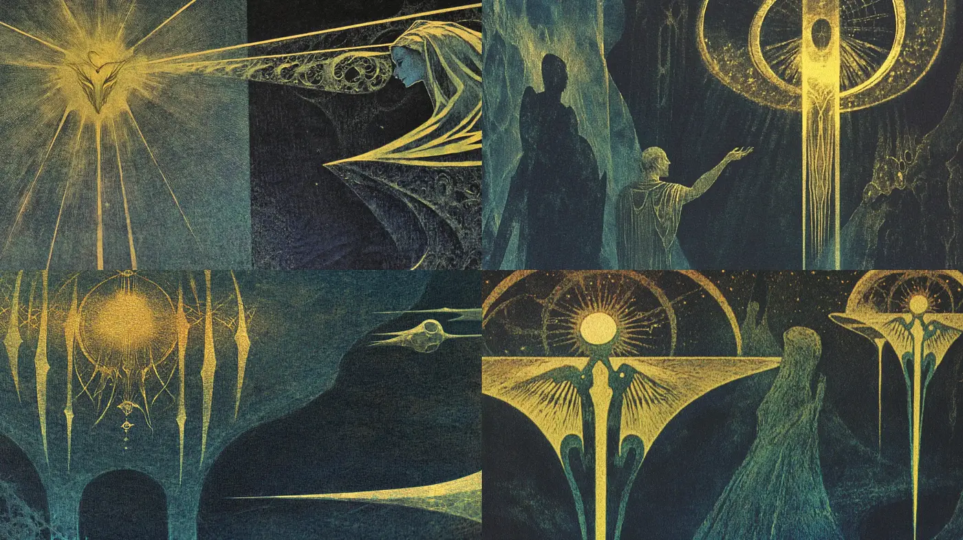 Mystical Auroral Artistry with Ethereal Figures and Cosmic Motifs - Midjourney sref style
