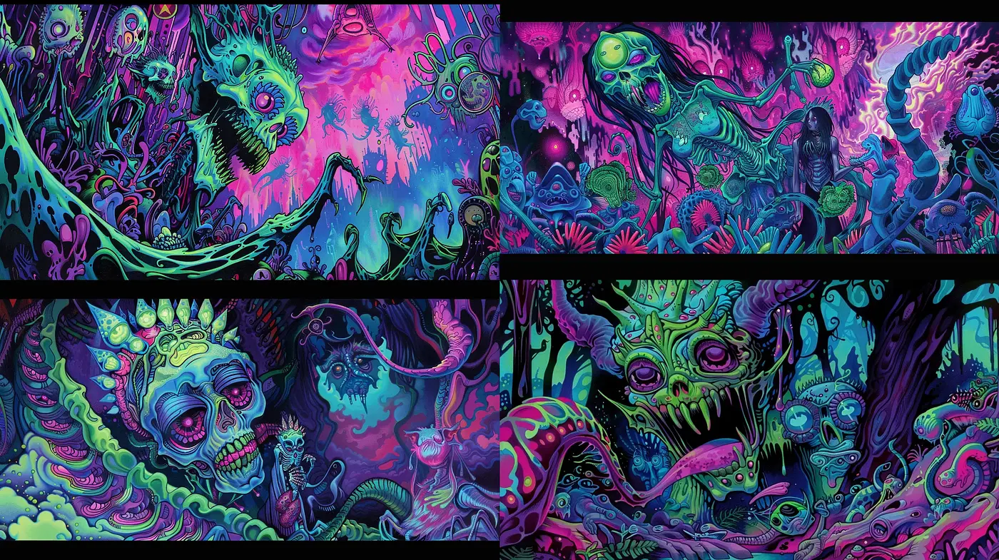 Psychedelic Fantasy Dreamscape with Vibrant Surreal Imagery - Midjourney sref style