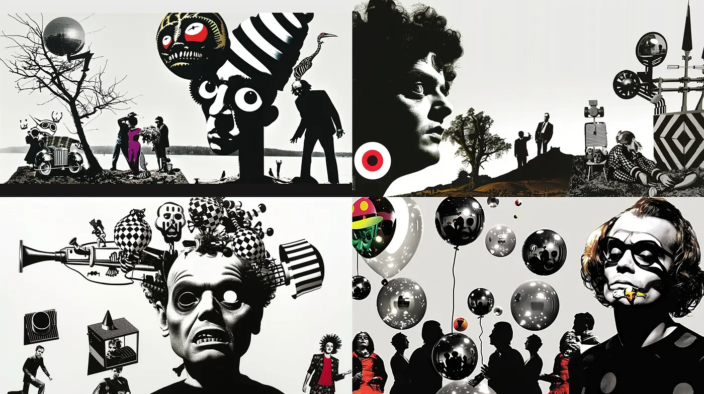 Surreal Black and White Montage with Pops of Color - Midjourney sref style