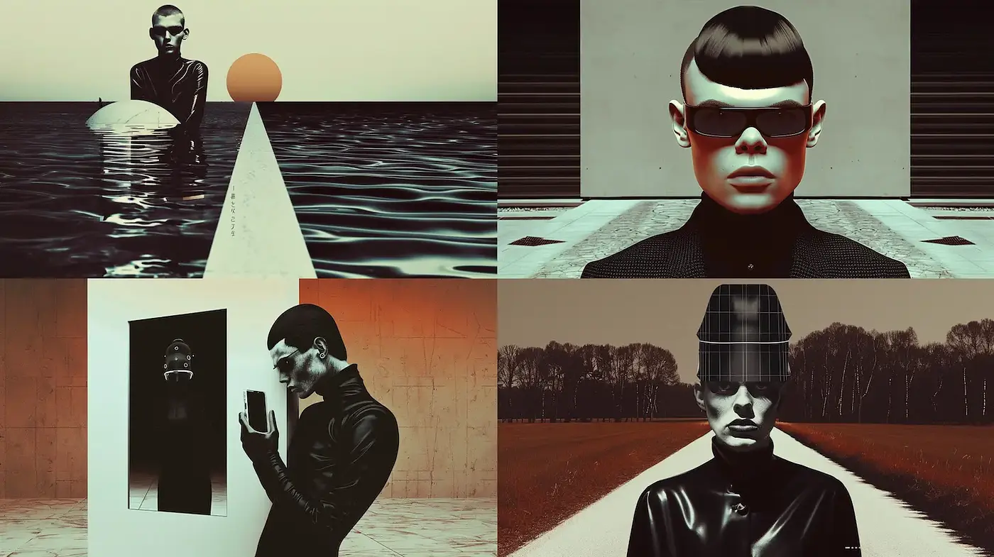 Futuristic Surrealism with Monochrome Elements and a Cinematic Mood - Midjourney sref style