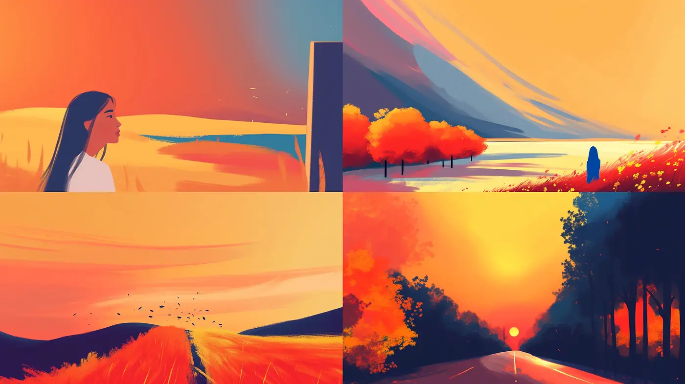 Warm Tones of Evocative Sunsets: Consistent Hues and Dreamy Landscapes - Midjourney sref style