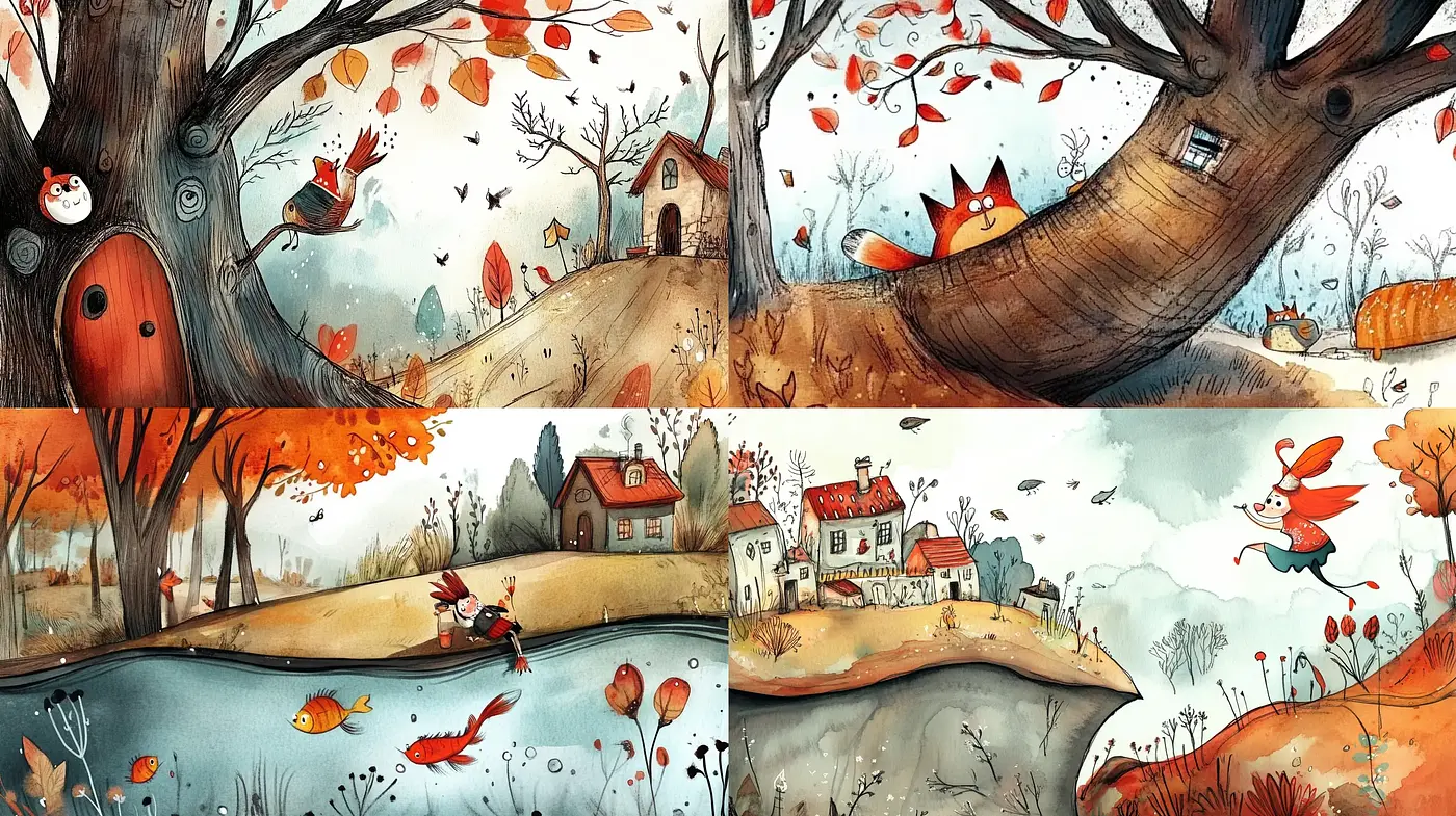 Whimsical Autumnal Countryside: A Fusion of Warm Tones and Storybook Illustration - Midjourney sref style
