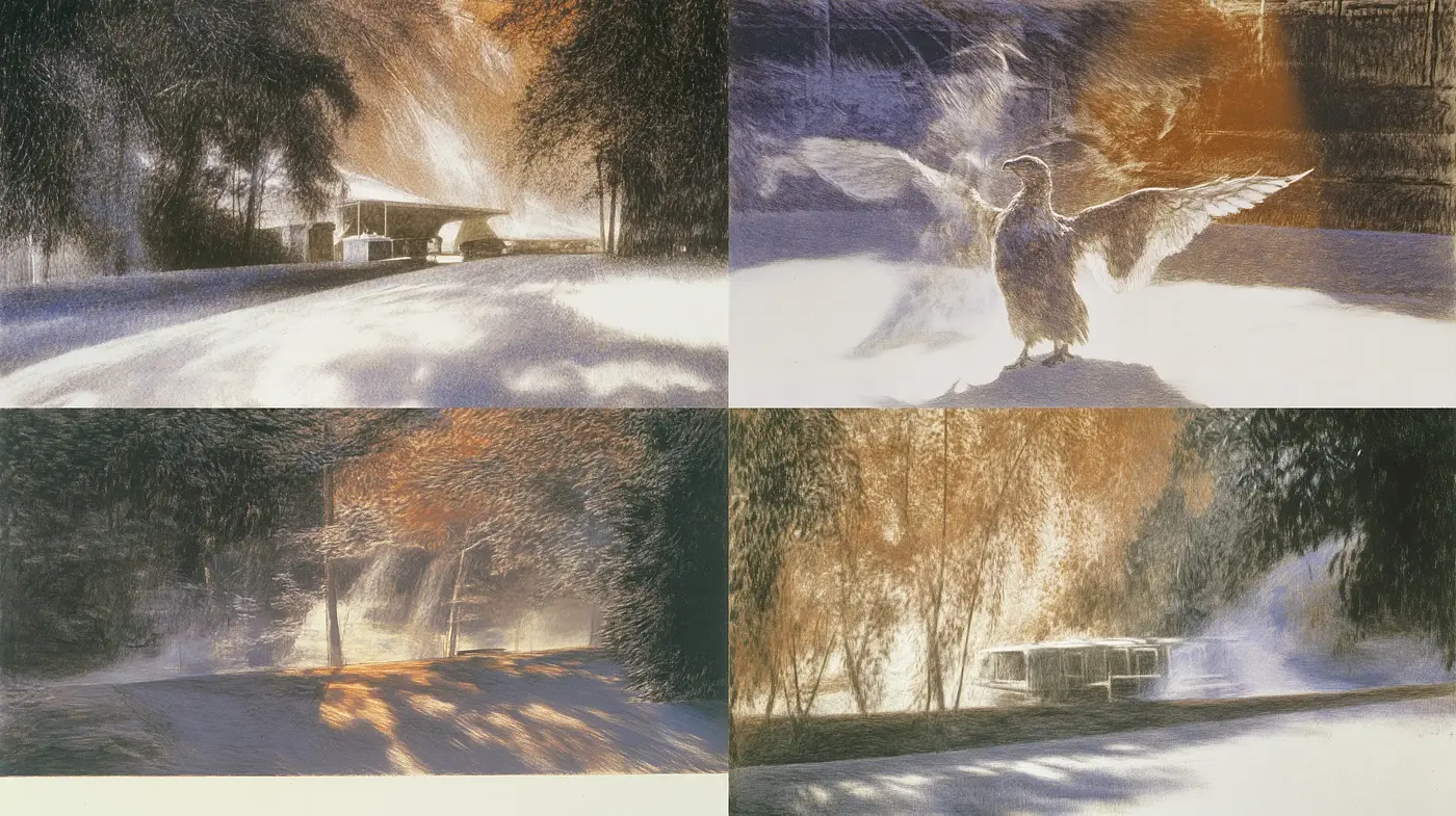 Winter's Whisper: A serene and textured portrayal of nature's stillness - Midjourney sref style