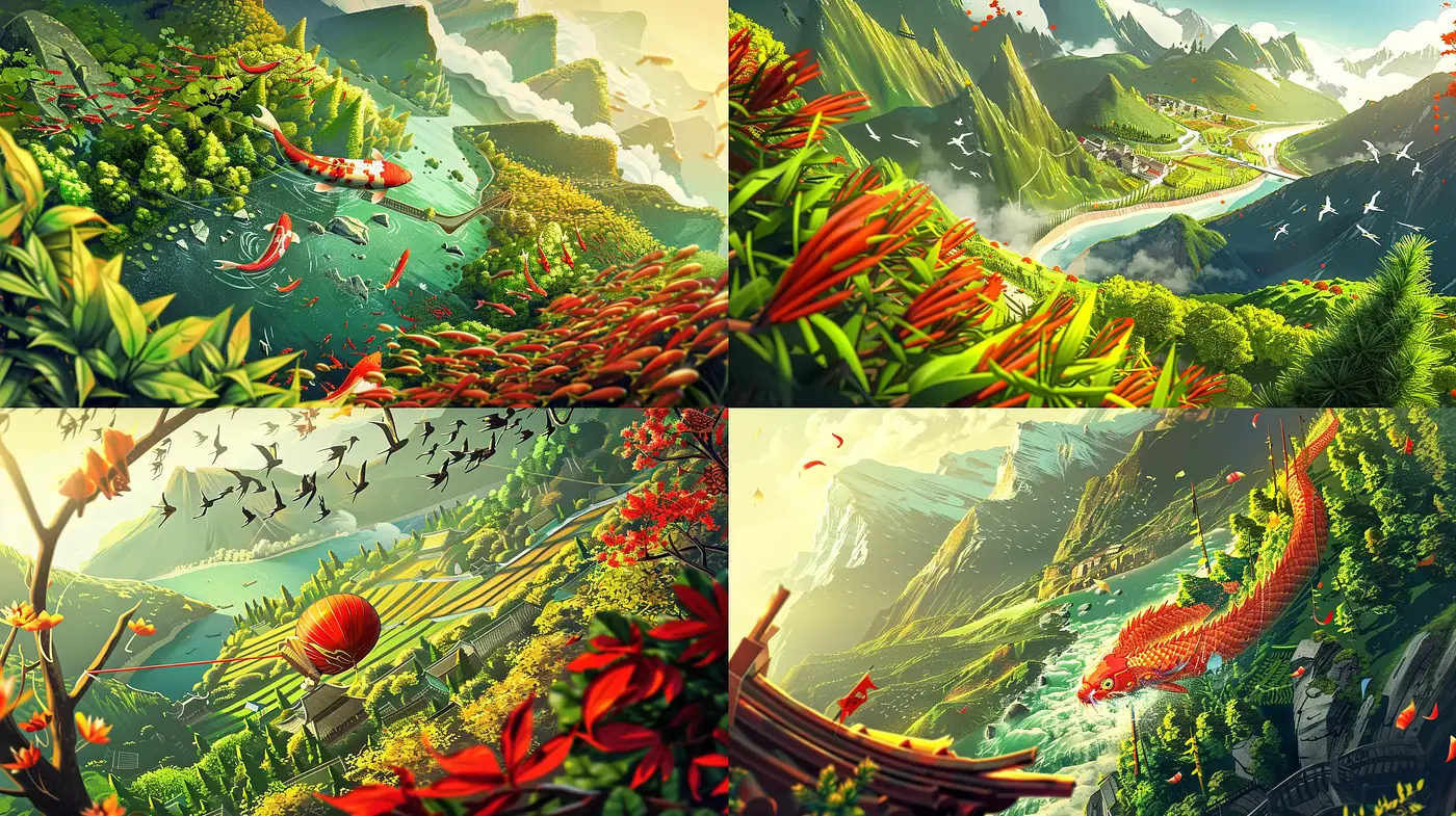 Lush Spectral Harmony: A Manifestation of Mythic Landscapes in Vivacious Hues - Midjourney sref style